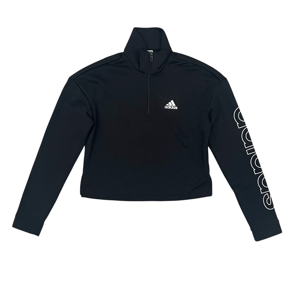 Adidas Womens XS Fleece Sweatshirt Loose Cropped 1/4 Zip Mock Neck Black